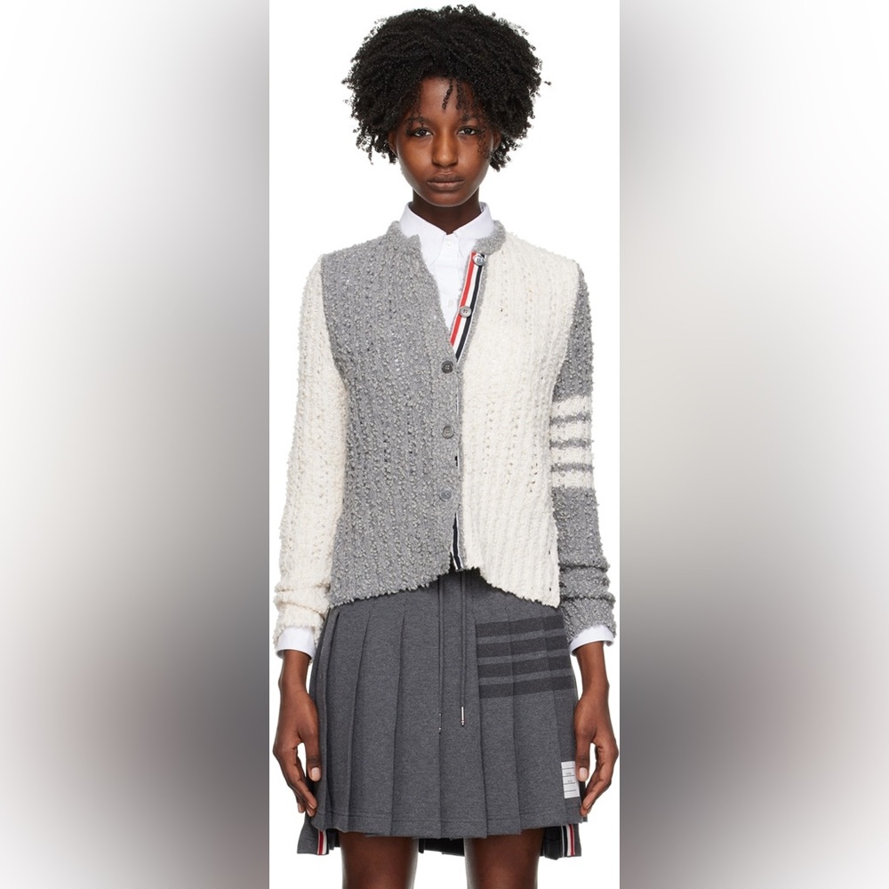 Thom Browne Gray & White Fun Mix 4-Bar Cardigan
